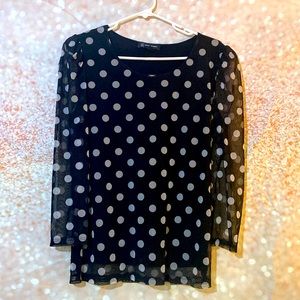 I.N.C. black with white polka dot sheer sleeve shirt